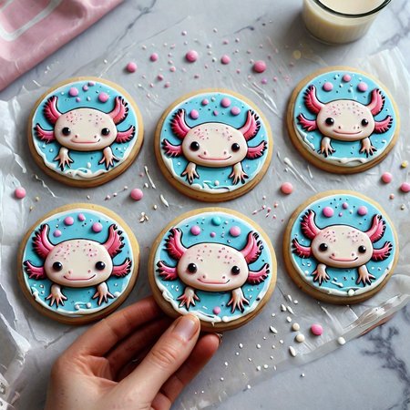 <lora:lora:1>cookie art design,  <lora:Axomodelv2.1:1> simple round cartoon  cookie art,  delicious cute axolotl  cookies  with icing, flat cookies, cookies with cute design  <lora:add-detail-xl:1.5>,
