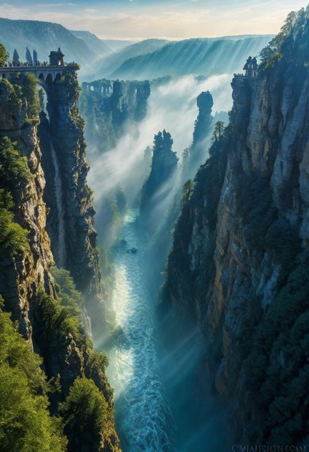 towers ringed in mist, sunrays, mixed media, surrealism, fantasy, great lighting, A surreal landscape highly detailed, extremely high-resolution details, appears trapped in an optical illusion of reflections and refractions colorful, Zhangjiajie mountains,  Vienna in contemporary Austria, stone bridges, winding rivers extending to the horizon, professional photography, natural lighting, volumetric lighting maximalist. vivid, vibrant colors, intricately detailed, complex, elegant, expansive, fantastical, film photography style, medium grain, cmnt
 (8k uhd:1,4)