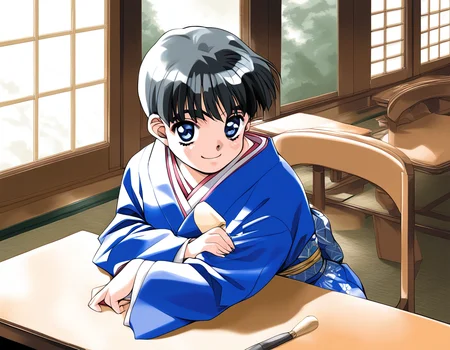 score_9, score_8_up, score_7_up, source_anime, rating_explicit, BREAK <lora:Shinohara_Izumi_XL:1>Shinohara_Izumi, black hair, blue eyes, short hair, bangs, small breasts, 
 solo, japanese clothes, 1girl, 1990s (style), kimono, smile,  indoors, looking at viewer, table, chair, sitting, long sleeves