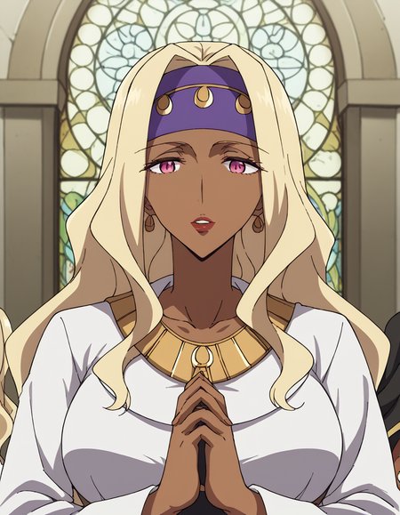 score_9, score_8_up, score_7_up, source_anime, <lora:ratotil-anthreya-s3-ponyxl-lora-nochekaiser:1>, ratotil anthreya, long hair, blonde hair, pink eyes, dark skin, dark-skinned female, makeup, headband, lipstick, large breasts,, <lora:buddhist-nun-ponyxl-lora-nochekaiser:1>, buddhist nun, nun, habit, vitakra mudra, mudra, coif, gold necklace, priestess,, church, parted lips, praying,, cowboy shot, , dutch angle, cowboy shot