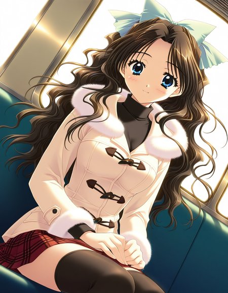 general,highres, ultra-detailed,very aesthetic,best quality ,best hands,  BREAK <lora:Shirai_Yuuri_IS:1>ShiraiYuuri, 1girl, long hair, brown hair, blue eyes, hair bow, ribbon, black hair, wavy hair, hair ribbon, breasts,light smile,
 solo, thighhighs, skirt, sitting, blush, plaid skirt, plaid, smile, bow, train interior, dutch angle, fur trim, turtleneck, coat, window, long sleeves, looking at viewer