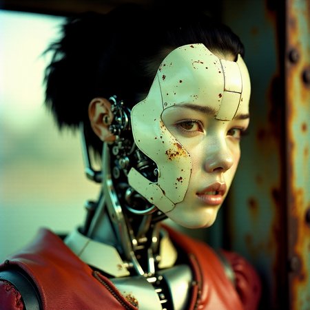 [geisha:cyborg:3], many mechanical details,seams, scuffing, rust,\n(style by Yuri Shwedoff),shallow depth of field, vignette, (Fujicolor Superia X-TRA 400)