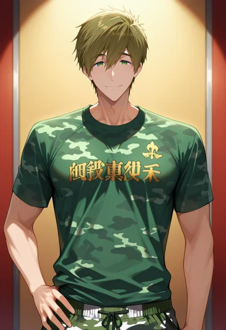 masterpiece, best quality, intricate details, , , 1boy, solo, male focus, <lora:makoto_tachibana_ilxl:1>, makoto_tachibana, brown hair, green eyes, hair between eyes, tachibana makoto, upper body, great wall of china, light, hand on hip, naughty smile, Jersey Camo joggers, Marigold Fleur-de-lis Terry cloth Graphic T-shirt, Cap-toe shoes, Mohawk,