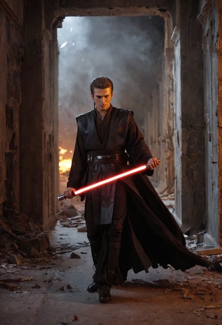 shot of <lora:Anakin_Padawan_Jedi:0.8> A full-body shot of a Sith warrior walking with a cocky attitude through a dark, ruined corridor inside a destroyed Imperial Star Destroyer. He wears all-black clothing and has long black hair flowing behind him. A deep scar runs across his entire face, and his glowing orange eyes burn with intensity. A red lightsaber illuminates the corridor, casting dramatic shadows as he walks. An electric guitar hangs on his back, contrasting with the ancient weapon he wields. The air is filled with smoke, floating ash, and small flames flickering along the walls. The only light source is the red glow from his lightsaber, creating a moody, cinematic atmosphere.
