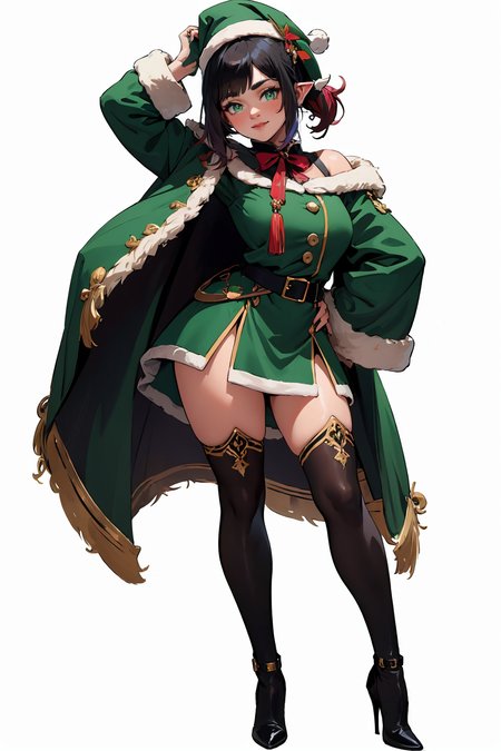(masterpiece, best quality, highres, high resolution:1.2), extremely detailed, intricate details, 1girl, solo, looking at viewer, clamEmma, <lora:clamEmma:0.6>, (simple background, white background:1.2), full body, green santa's elf outfit, santa hat, high heel boots, smile, side-swept bangs, black hair, pink IncursioDipDyedHair, messy mid ponytail, green eyes, thick eyebrows, freckles, <lora:DipDyedHair:0.8>, <lora:weight_slider_v2:0.25>, (cinematic lighting, bloom, volumetric)