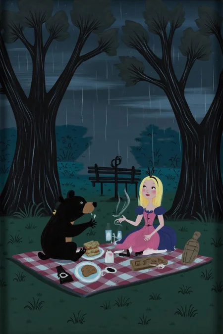 maryblair2 illlustration.
A woman and a black bear sitting in a park for a picnic in gloomy rainy day.	   
 <lora:maryblair3_cap_d6a3e9:1.0><lora:855888677002282712:0>