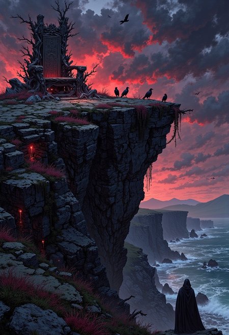 The Ruined Throne of the Morrígan
Atop a desolate windswept cliff, overlooking a raging sea, lies the abandoned throne of the Morrígan, the Celtic goddess of war and fate. The remnants of a once-great stone fortress crumble under the weight of time, its walls cracked and covered in black moss and red creeping vines.
A massive throne of twisted, gnarled roots and ancient bones sits at the heart of the ruin, its surface carved with forgotten ogham symbols glowing faintly in the dark. Crows and ravens perch along the ruined arches, their watchful eyes glowing like embers in the fading twilight.
The sky is an ominous mix of dark storm clouds and blood-red light, casting long shadows over the barren landscape. The wind carries the distant sound of battle cries and lamenting spirits, remnants of an ancient war that was never forgotten. In the distance, a spectral figure cloaked in shadow watches, waiting for the rightful ruler to return.