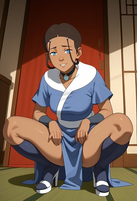 score_9, score_8_up, score_7_up, realistic, realism, HD, perfect quality, 16k, very detailed, realistic lighting, detailed face, BREAK, (((good_hands))), (((perfect eyes, bedroom eyes, (light smile:0.5)))),  BREAK, solo, 1girl, (((Katara-BookWater, blue eyes, short hair, brown hair, hair ornament, dark skin, dark-skinned female))), eye_focus, ((medium breasts, big ass)), (bedroom eyes), looking at viewer, nervous, seductive, sensual, medium body size, slightly small neck, plumb body, voluptuous hips and thighs, curvy body size, microwaist, (feminine body, soft body:1.5), BREAK, solo, 1girl, looking at viewer, squatting, front view, spreading legs, platform heels, room