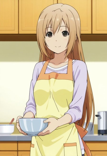 masterpiece,best quality,amazing quality, minami haruka, light brown hair, long hair, brown eyes, 1girl, solo, apron, smile, bowl