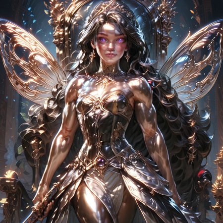 Action scene, detailed, photo realistic, hyper realistic, score_9, rating_safe, solo ((arch fey, violet eyes, (beautiful woman, white underbust corset, skirt, pants, sword belt, and holding a sword), (huge muscles, small petite breasts, muscular thighs, muscular biceps, muscular shoulders, toned abs), ((bronze metallic gold skin ral-polishedsteel)), (fairy wings), (long black hair))), (standing next to a multicolored crystal throne, in a detailed throne room filled with treasures, detailed lighting), hi res, hi quality, 4k, concept art, digital art, realistic, detailed background, lens flare, pixel art, piratical beauty, great lighting