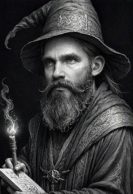ink art, a black and white drawing of a bearded man wizard,  35 yo, a charcoal drawing by Ed Binkley, cgsociety, fantasy art, charcoal drawing, pencil sketch, detailed painting
