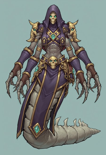 score_9, score_8_up, score_8, source_anime, 1girl, <lora:Mordretha:0.75> solo, colored skin, grey skin, monster girl, large breasts, hood, hood up, armor, extra arms, claws, lamia, shoulder armor, skull, glowing eyes, full body, from front, 
light blue background, simple background,,