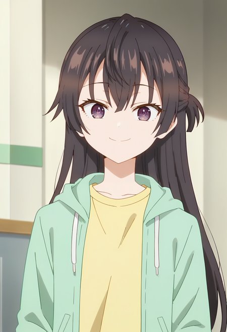 Yuki Suou, long hair, solo ,  black hair,  hair between eyes,  brown eyes, purple eyes,  ,brown hair,  <lora:Yuki Suou-000013:0.9>half updo,  yellow shirt, smile, open clothes, jacket, long sleeves, score_9, score_7_up,anime coloring ,source_anime, anime, anime screencap