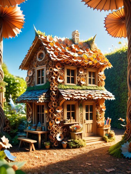 A whimsical intricate miniature ais-pencilshavings fairy stationery shop, at the bottom of a garden surrounded other ais-pencilshavings buildings in amongst the trees and plants, ethereal light, magical, sunny day, atmospheric, dynamic, cinematic, masterpiece, intricate, hdr.  <lora:Pencil_Shavings_Style_SDXL:1>  <lora:EnvyBetterHiresFixXL01:0:hr=1>