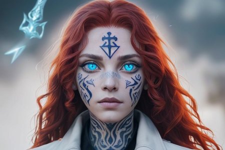 bright red hair, human female, (feminine:1.7), (beautiful face, detailed face:1.6), (beautiful eyes, detailed eyes:1.7), (looking at viewer, eye contact, intense:1.6), (long hair, red hair, curly hair:1.3), , ((masterpiece, best quality, high resolution, realistic, best quality,)), photo realistic, Perfect Face, (detailed face). <lora:GoodHands-vanilla:0.6> <lora:add-detail-xl:0.8>, mage, (Dress White military uniform coat), dagger, rune dagger, glowing runes, , (((glowing magic symbols tattoos, religious tattoos))), ((face tattoos)), glowing tattoos, stone tower in the background