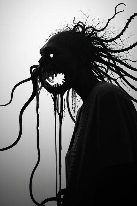 score_9, score_8_up, score_7_up, score_6_up, score_5_up, score_4_up, <lora:GRIM_v1:1>  greyscale, monochrome, limited palette, horror (theme), eldritch abomination, chaotic, silhouette,, <lora:123182P:0.8> 123182P, woman, 24 years old, <lora:Breast Slider - Pony_alpha1.0_rank4_noxattn_last:0.5>