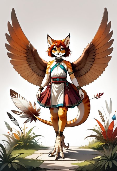 DarirStyle
1 person, flat chest, no breasts, anthro, ((long toes, nimble toes, handfeet)):1.4, ((wing arms, wings only)):1.6, pelvic curtain skirt, feline features, feline nose, large ears, ((thick tail, tapering tail, feather tipped tail)), harpy:1.2, large wings, variety, digitigrade legs, ((front view)), rating: safe
