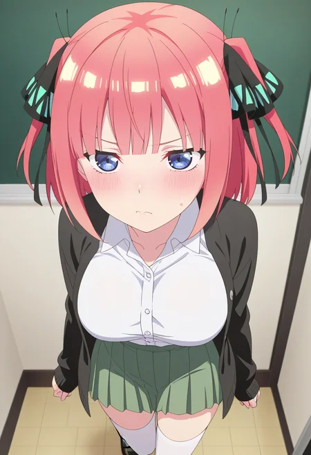 newest, masterpiece, best quality, 4k,
indoors, very aesthetic, detailed background, face focus,
1girl, solo,  <lora:Nino Nakano:1> nino,short hair, bangs, blue eyes, hair ornament, hair ribbon, pink hair, blunt bangs, two side up, butterfly hair ornament,skirt, shirt, long sleeves, white shirt, pleated skirt, open clothes, collared shirt, sleeves past wrists, dress shirt, cardigan, green skirt, open cardigan, black cardigan,white thighhighs, large breasts,black footwear,tsundere
