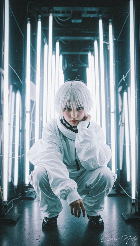 Japanese Culture Style, Emotional Photos, 35mm film, White hair, Messy short hair, Young Japanese woman, Countless tube lights, Futuristic Fashion, squat,