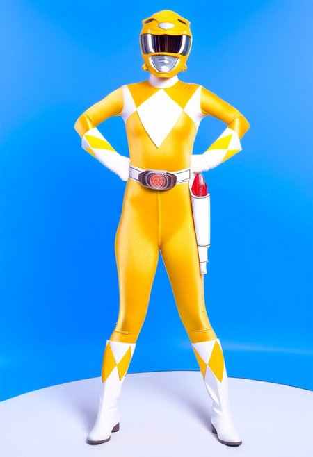 female yellow power ranger, morphed, helmet, uniform, yellow catsuit, white gloves boots belt, holstered weapon, facing camera, standing square-on, arms down by sides, legs together, plain blue background, hyperdetailed photography