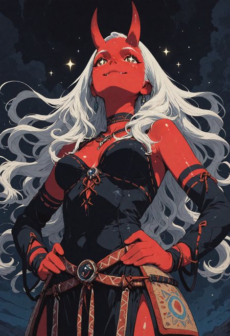 oni girl, (white hair:1.5), (red skin:1.4), (large red horns:1.6), cute, evil smirk, fangs, tribal fantasy armor, (glowing freckles:1.3), (sparkling eyes:1.4), (flowing hair:1.5), (anime style:1.3), (night sparkles background), shoulderfree, medium round breasts, shiny skin, magical atmosphere, joyful expression, soft lighting, dynamic hair strands, vibrant color contrast, fantasy tribal jewelry :: anime, cel-shaded, digital painting, fantasy illustration :: artist: Kazuki Takahashi, sexy posing, ecchi, hands hips, looking up, low angle
sinozick style, flat color, dark theme, in the style of cksc, illustration, masterpiece, (extremely detailed CG 8k), (very fine 8K CG), (ultra detailed perfect piece:1.2), lat color, no lineart,,(no lineart, flat art style:1.0), NO_LINE_ART, comical, simple,
 <lora:Sinozick_Style_XL_Pony:0.35> <lora:NOOB_vp1_detailer_by_volnovik_v1:1> <lora:ponyv6_noobV1_2_adamW:0.9> <lora:ck-shadow-circuit-IL:1>