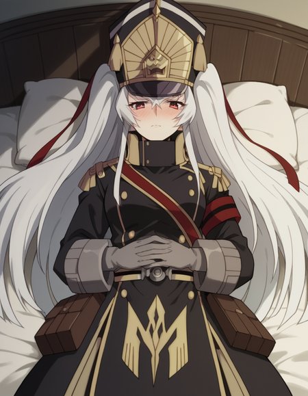 score_9, score_8_up, score_7_up, source_anime, <lora:recreators-altair-s1-ponyxl-lora-nochekaiser:1>, altair, long hair, red eyes, very long hair, white hair, medium breasts,, gloves, hat, uniform, military, military uniform, shako cap,, indoors, bed, bed room, on side, blush, drunk,, , hand on stomach, blush,, looking at viewer, solo,, dutch angle, cowboy shot