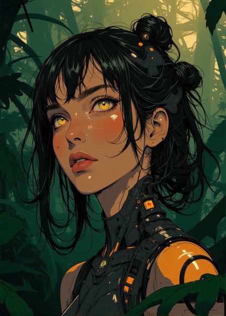 <lora:ck-nc-luminal-genesis:1>, A mesmerizing close-up of a cyborg android jungle queen, her hair cascading in wild, untamed waves. Her skin is dusted with a golden sheen, as if kissed by sunlight. Her eyes are glowing faintly, echoing the deep warmth of the jungle sun. The chiaroscuro style contrasts the luminous highlights on her face with the deep, shadowy greens of dense foliage behind her. Soft beams of sunlight break through the canopy, catching her hair and her metallic cybernetic enhancements. The image evokes a sense of sacred power, as though she’s a goddess guarding her verdant realm. otherworldy feel.
<lora:test2:0.7>
<lora:Anime v1.3:0.2>
 <lora:CPA:0.4>