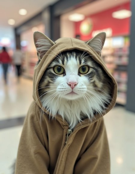 photograph of a medium length hair white and grey cat at mall wearing a timber costume, yellow eyes, 
nijcat  <lora:nijcat:1>