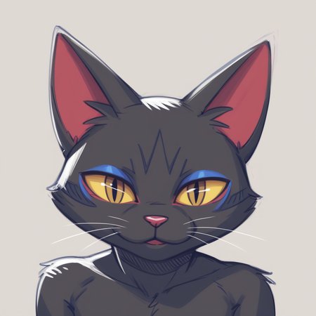 ((reality_undoer, sketch, score_9, score_8, highres, high quality, detailed face, detailed eyes)), in color, solo, cat, black fur, black body, yellow sclera, furry, anthro