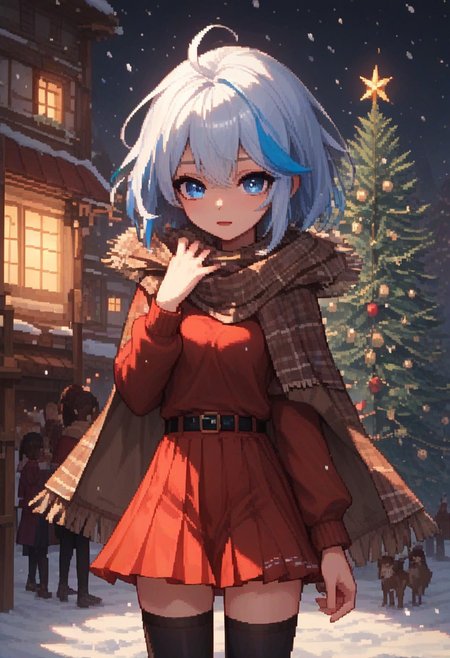 score_9_up, score_8_up, score_7_up, score_6_up, Pixel_Art, 1girl, solo, 25 years old, perfect face, cute, petite, 
dark eyes, 
bob cut, streaked hair, white hair, icy blue hair, floating hair, 
plaid clothes, brown fur-trimmed cape, brown scarf, 
red sweater,  
pleated skirt, red skirt, 
belt, fur-trimmed cape, 
black thighhighs, 
snowing, winter, village, snowflakes, Christmas tree,  
DreamArt,