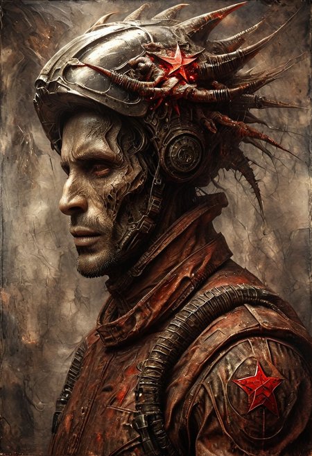 Space warrior portrait oil stains mixed with (((doom sleer))) caste. wearing a Soviet space suit with a red star on the helmet,USSR, H. R. Giger style but depicted as an oil painting, solo portrait, oil painting, masterpiece,best quality,style of H. R. Giger.