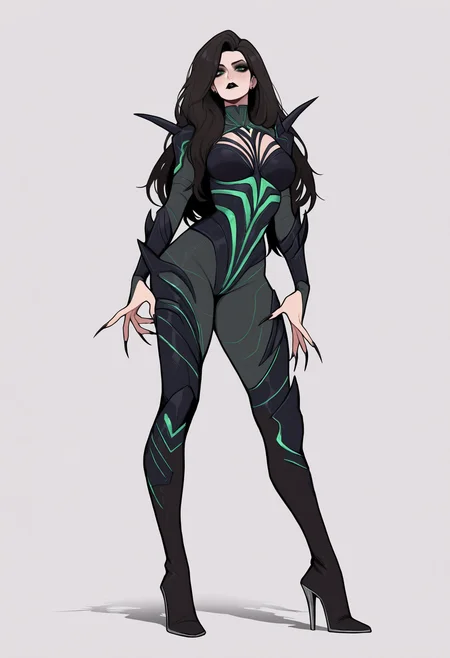 masterpiece, best quality, very aesthetic, absurdres,
1girl, helaodinsdottir, black hair, long hair, green eyes, black lips,
bodysuit, sharp nails, black nails, thigh heels boots,
standing, full body,
looking at viewer, solo, simple background, white background,   <lora:HelaOdinsdottirNoobXL_byKonan:1>