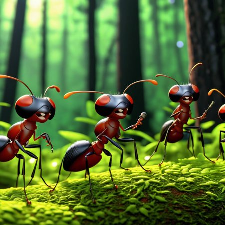 bipedal ants singing in the forest in a 3d animation for movies