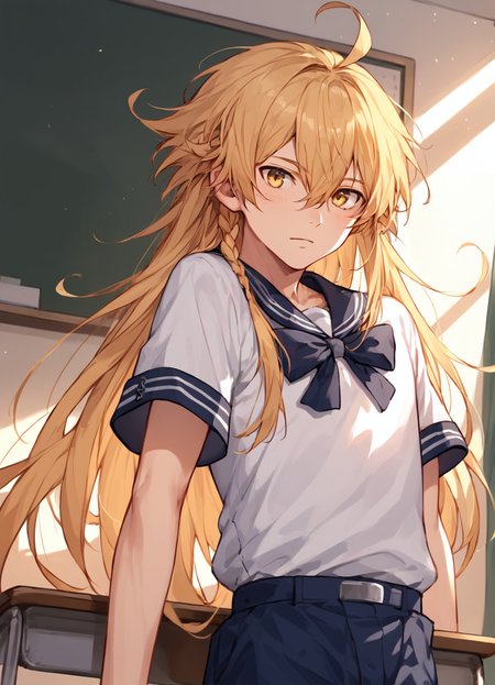 score_9, score_8_up, score_7_up, ultra detailed, source_anime,amazing quality, best aesthetic, smooth,HD32k, Uncensored ,best aesthetic,Realism:0.65,
,<lora:Aether1:0.96>,aether,1boy,male focus,solo,blonde hair,yellow eyes,ahoge,hair between eyes,long hair,braid,,looking front,skinny,bishounen, emaciate physique,student uniform,short sleeves,shorts,
in classroom,desk,chair,blackboard,
 <lora:add-detail-xl:0.7> <lora:g4n1m3XLP:0.7> g4n1m3, <lora:spgbfAndiraXLPony:0.6> andiradef,