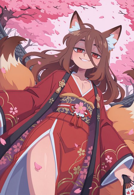 Sfw, safe_pos, highest quality, masterpiece, intricate details, highly detailed, deep red drapped kimono with gold embroidery, embroided kimono, japanese fan, dutch angle, cowboy shot, dynamic shot, dynamic pose, 1 boy, solo, otoko no ko, flat chest, pectorals,  brown fox ears, long hair, long bangs, brown hair, fox tail, nine tails, masculine eyes, masculine face:0.8, average physique, tall, yandere, smirk, chiaroscuro, very awa, t4kar4i_illu, no_outlines,no lineart, vanripper:0.2, cherry blossom, petals, pink atmosphere