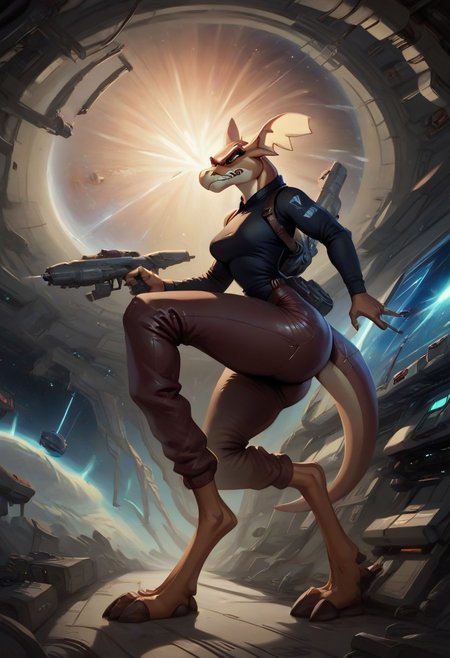 score_9, score_8_up, score_7_up, score_6_up, score_5_up, score_4_up, masterpiece,sexy girl, Stith_Titan_AE,  ((scifi,spaceship, gun turret, shooting turret)),  floating in space, angry expression, femdom, black sweater, thick thighs,anthro,spacesuit, jewelry, full body view, (determined), pink makeup,side view, close up view,solo