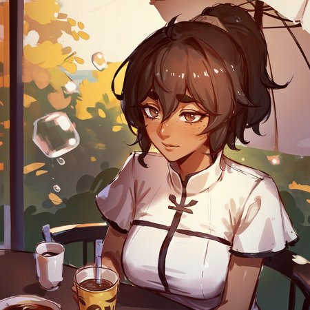 best quality, masterpiece, original, highres, illustration, best lighting and shadow, aesthetic wallpaper, amazing, beautiful, taliyah, 1girl, solo, dark skin, dark-skinned female, short hair, brown hair, thick eyebrows, brown eyes, freckles, extremely detailed and beautiful face, white hair, happy, tshirt, sidelocks, outdoors, photorealistic, upper body, parasol, bubble tea, date, sunny weather, table, sitting, front view, pov, 
<lora:tali-20:0.4>
