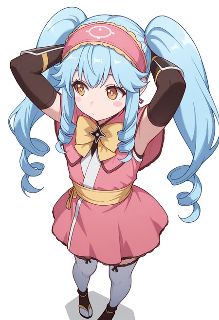 masterpiece,high quality details, absurdres, 
standing with feet wide, hands clasped behind head, elbows flared  ,
 <lora:Michiru_Kusagakure:0.8>
ninja,michiru_cnr, 1girl, blue hair, long hair, twintails, drill hair, sidelocks, orange eyes, blush stickers,
dress, pink capelet,fingerless gloves, elbow gloves, white thighhighs, hairband, yellow bow,yelow armlet,, d:,, simple background, white background, front view,solo,