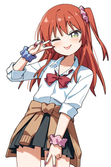 masterpiece, best quality, amazing quality,
 <lora:Haru_IL:1> haru, 1girl, scrunchie, green eyes, one eye closed, solo, skirt, v, white shirt, white background, hair scrunchie, hair ornament, tongue, shirt, simple background, pleated skirt, long hair, polka dot, bow, nail polish, red bow, wrist scrunchie, looking at viewer, school uniform, one side up, cardigan around waist, kita, gyaru, from below