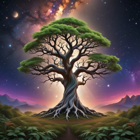 white huge tree grows from the black hole in the center of galaxy, fluorescent leaves, white glowing bark, alien colorful planets grow on branches of the tree, life energy flows through the roots of the tree, space, cosmic scenery, clouds of cosmic dust around, black background, hyperrealistic, photorealistic, atmospheric scene, depth of field, 8k quality, extreme detailed, colorful, award-winning masterpiece, abstract beauty