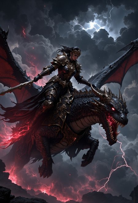 A dragon rider in a thunderstorm on a fierce dragon in freefall in the stormy sky.