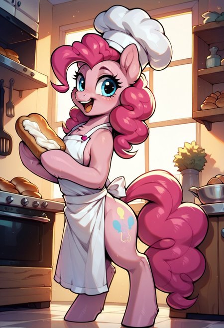 embedding:urn:air:sd1:embedding:civitai:222256@250708, score_9, score_8_up, score_7_up, score_6_up,  
1pony, pinkie pie \(mlp\), (pony:1. 1), , tail, long hair,
kitchen, happy, apron, chef hat,  covered in flour, posing, covered in frosting, horse, holding a loaf of bread, bread, carrying bread, holding bread,