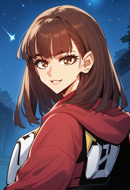 zPDXL3, score_9_up, score_8_up, score_7_up, (Anime_source), 1girl, JisuYun, brown eyes, brown hair, long hair, JisuYun clothes, (looking back), upper body, looking at viewer, smile, parted lips, night, star(sky),