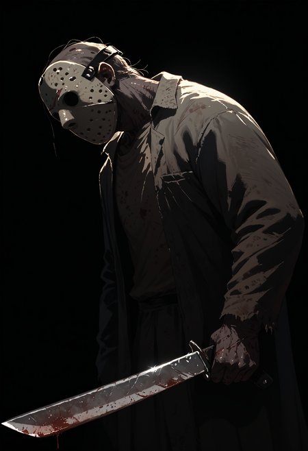 score_9, score_8_up, score_7_up, score_6_up, monster, 1boy, dark background, dark theme, backlighting, no eyes, holding, machete,blood, 
<lora:jason_voorhees_v0.5-pony:1> 
<lora:dark_v1.9-pony:1>