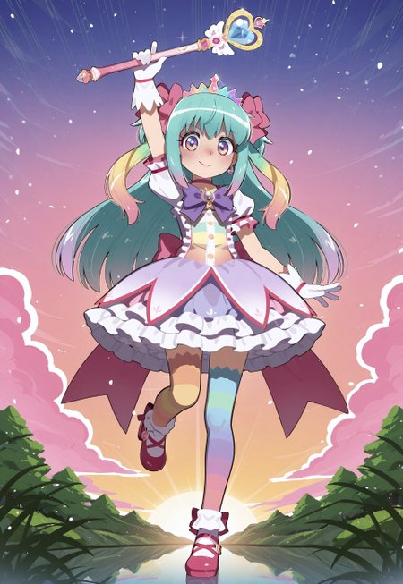Mizumizuni, 1girl, rainbow eyes, pastel rainbow hair, multicolored hair, gradient hair, long hair, masterpiece, best quality, absurdres,
(pastel colors, pastel blue, pastel orange, pastel green, pastel purple), pastel rainbow magical girl, padded magical girl dress, kawaii, frilled skirt, thighhighs, padded pastel rainbow dress, multilayered dress, petticoat, padded dress, puffy short sleeves, elbow gloves, rainbow tiara, gem brooch, large bow, ribbons, lace trim, frills, satin, sparkles, glitter, heart earrings, rainbow accessories, jewelry, bobby socks, frilled mary janes,
lipgloss, eyelashes, blush, light makeup,  
outdoors, nature, clouds, sunset,
solo, full body, standing on one leg, happy smile, one arm up, holding magical girl wand, heart scepter,
intricate, highly detailed, majestic, shallow depth of field, movie still, circular polarizer, light reflections, light particles, particles, sun rays