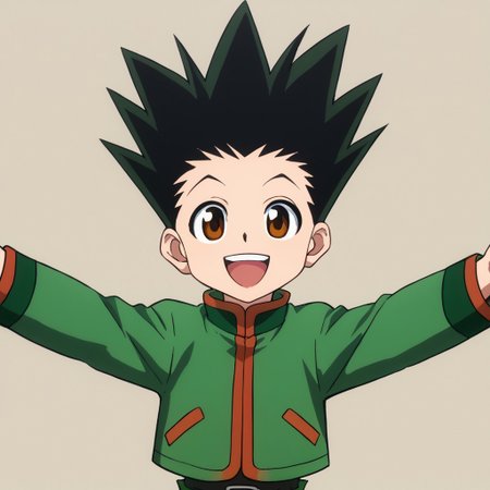 score_7_up, score_8_up, score_9_up, BREAK, gonfreecs, black hair, spiked hair, brown eyes, happy, smile, green jacket, long sleeves, open arms toward viewer, incoming hug, verybadimagenegative_v1.3
