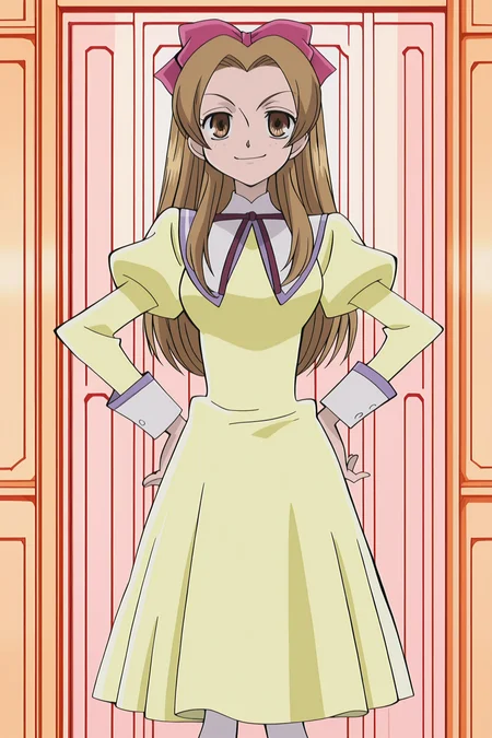 anime screencap, anime coloring, detailed face, perfect fingers, masterpiece, best quality, very aesthetic, absurdres, volumetric lighting, traditional media, Ouran High School Host Club anime art style, official anime artwork, retro artstyle, 2000s anime look,
 <lora:Haruhi_Fujioka_and_Renge_Houshakuji_Ouran_High_School_Host_Club:1>
Renge Houshakuji (character), 1girl, solo, brown hair, long hair, brown eyes, Renge default outfit, yellow dress, school uniform, hair bow, white pantyhose, cowboy shot,
full body shot, both hands on hips, mouth open, cute girl, smug smile, teasing the viewer