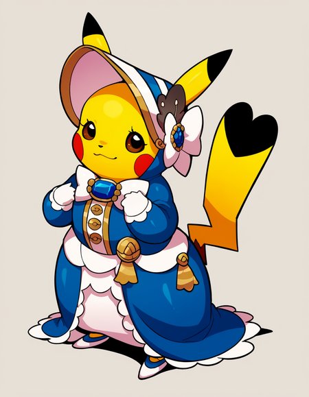 zPDXL, score_9, score_8_up, score_7_up, score_6_up, score_5_up, source_anime, 4k, absurdres, 1girl, solo, 
<lora:Cosplaychu_v1-1-20:0.8>, cosplay pikachu, pokemon \(creature\), pikachu ears, pikachu tail, feral, eyelashes, shortstack, flat chest,
bellechu, blue dress, blue chest jewel, bonnet, hat feather, ribbon, bow, ears down, white gloves, white trim, frilled dress, white footwear