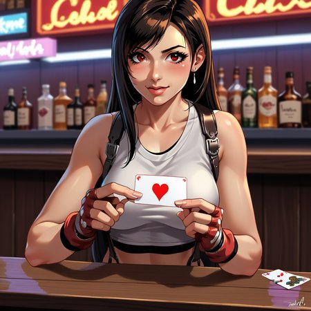 score_9, score_8_up, score_7_up, score_6_up, score_5_up, score_4_up, zPDXL2,source_anime,rating_questionable, 1girl,bar, neon club, tifa lockheart, standing, close up, <lora:Business_Card:0.7> bc4rd, holding playing card, Diamond Playing Card