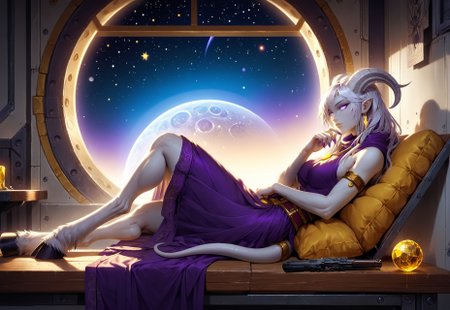 (absurdres, best quality, masterpiece:1.4), score_9, score_8_up, score_7_up, score_6_up, detailed, detailed body, detailed face, world of warcraft, fantasy, <lora:add-detail-xl:1.5>,

fFaceDetail, (female, draenei, h0rns, ram horns, white horns, tall, athletic arms, pale white skin, long white hair, purple eyes, long white tail, long fingers, purple fingernail polish), 

(long loose purple dress, purple silk scarf, tail under dress, simple armlet, small yellow gem pendant, small yellow gem earrings),

portrait, side view, looking to viewer, angered face, (lying down, lying on bench, lying on side),

GunMonk, shotgun, full body, side view, (window in background, outer space in background, stars, no clouds), sitting at table, legs on table, leaning back in chair